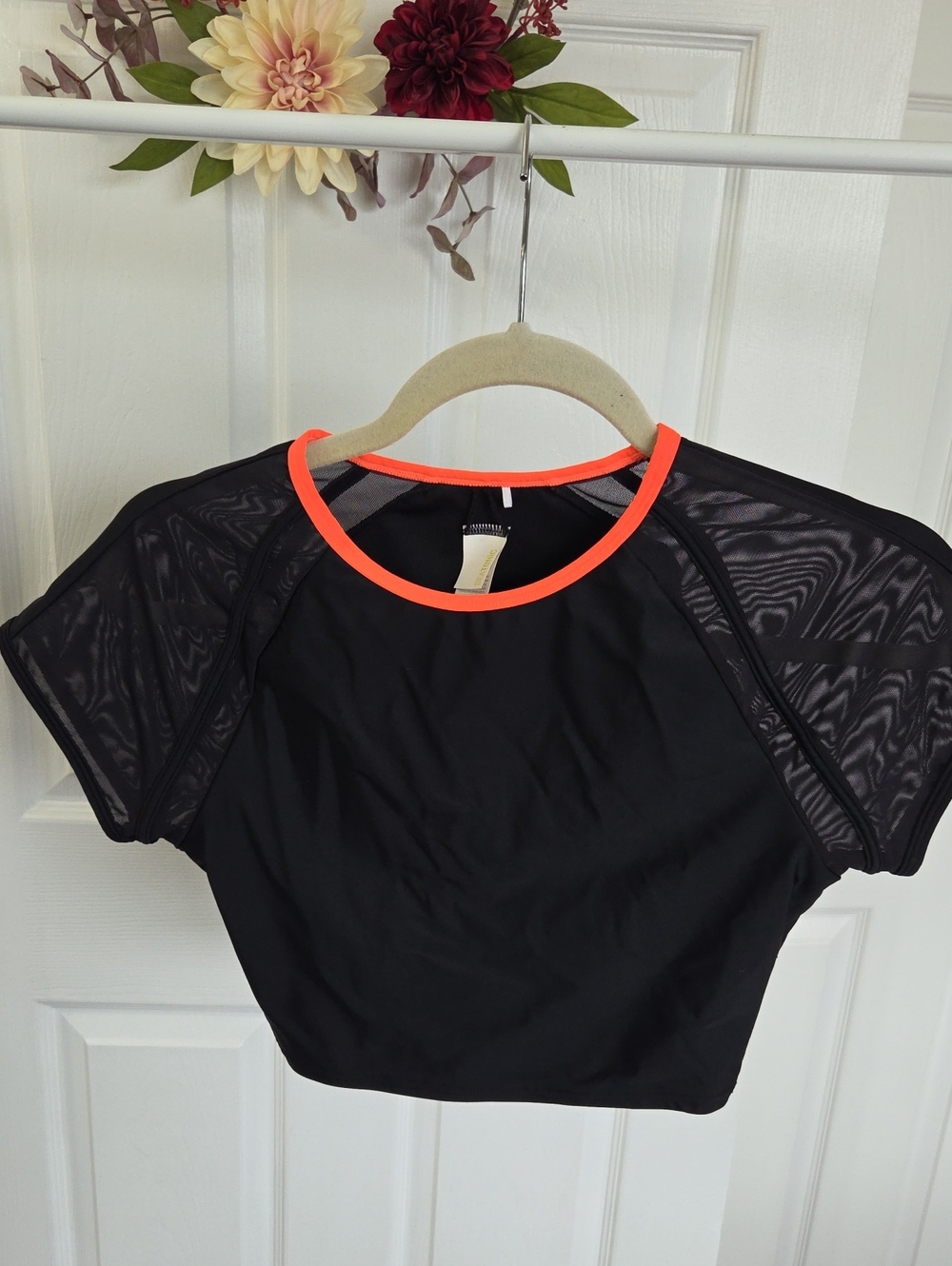Black Women's Crop Top with Neon Coral Trim